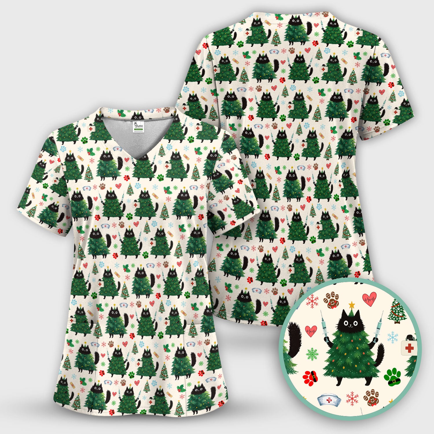 Christmas Nurse Scrub Top, Xmas Black Cat Pattern Nurse Shirt,  Breathable Fabrics Nursing Uniform