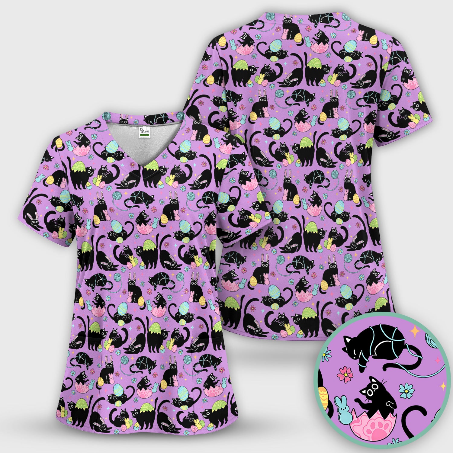 Funny Easter Black Cat Egg Pattern Scrub Top, Breathable Fabrics Nursing Uniform