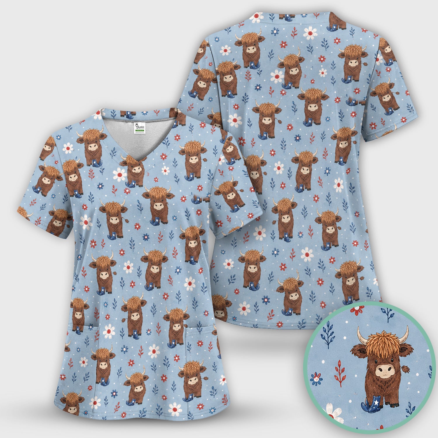 Floral Cowboy Boots Pattern Scrub Top, Comfortable Scrubs for Nurses