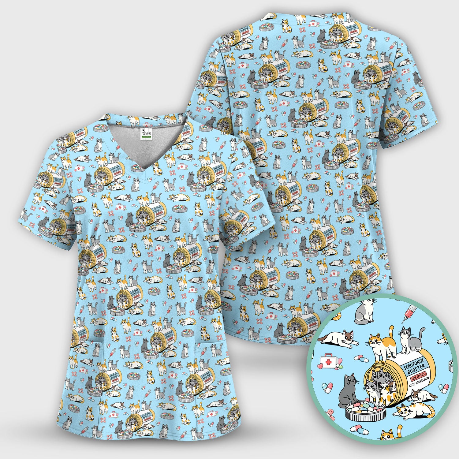 Cute Cat Serotonin Booster Pattern Scrub Top, Comfortable Scrubs for Nurses