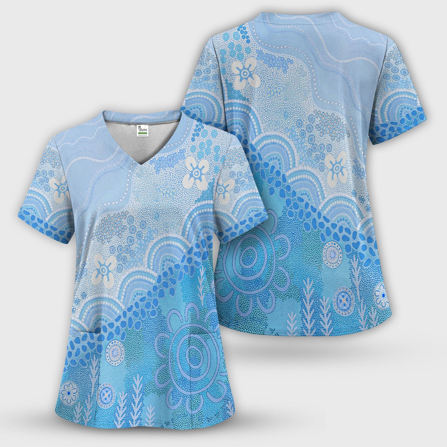 Floral Mandala Dot Pattern Women's Scrub Set, Scrub Pants and V Neck Top