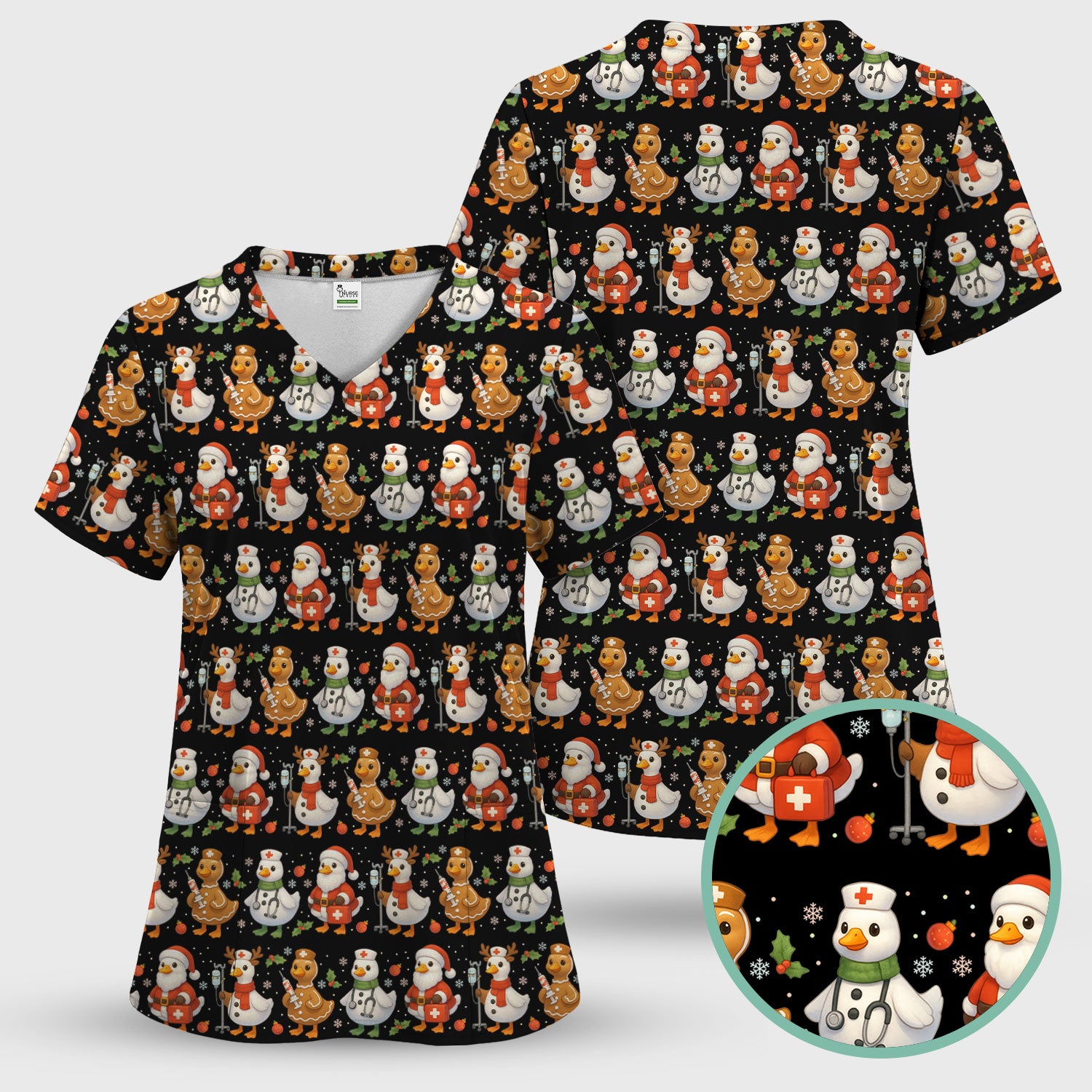 Funny Goose Christmas Scrubs for Women - Festive Holiday Pattern Scrub Top & Pants - Cute Christmas Scrubs with Charming Goose Print