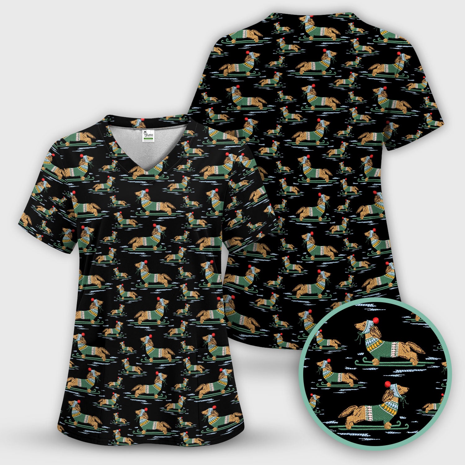 Dachshund Nurse Scrub Top, Wiener Dog Winter Pattern Shirt, Breathable Fabrics Nursing Uniform
