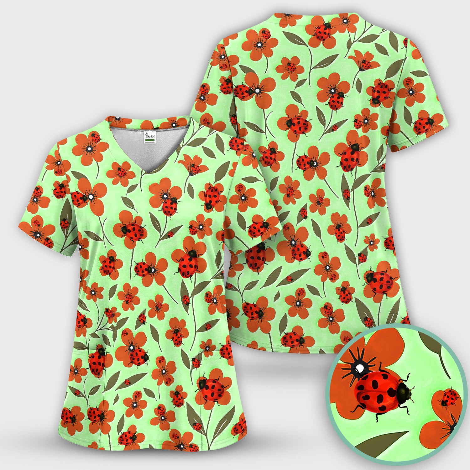 Ladybug on Orange Floral Garden Pattern Scrub Top, Comfortable Scrubs for Nurses
