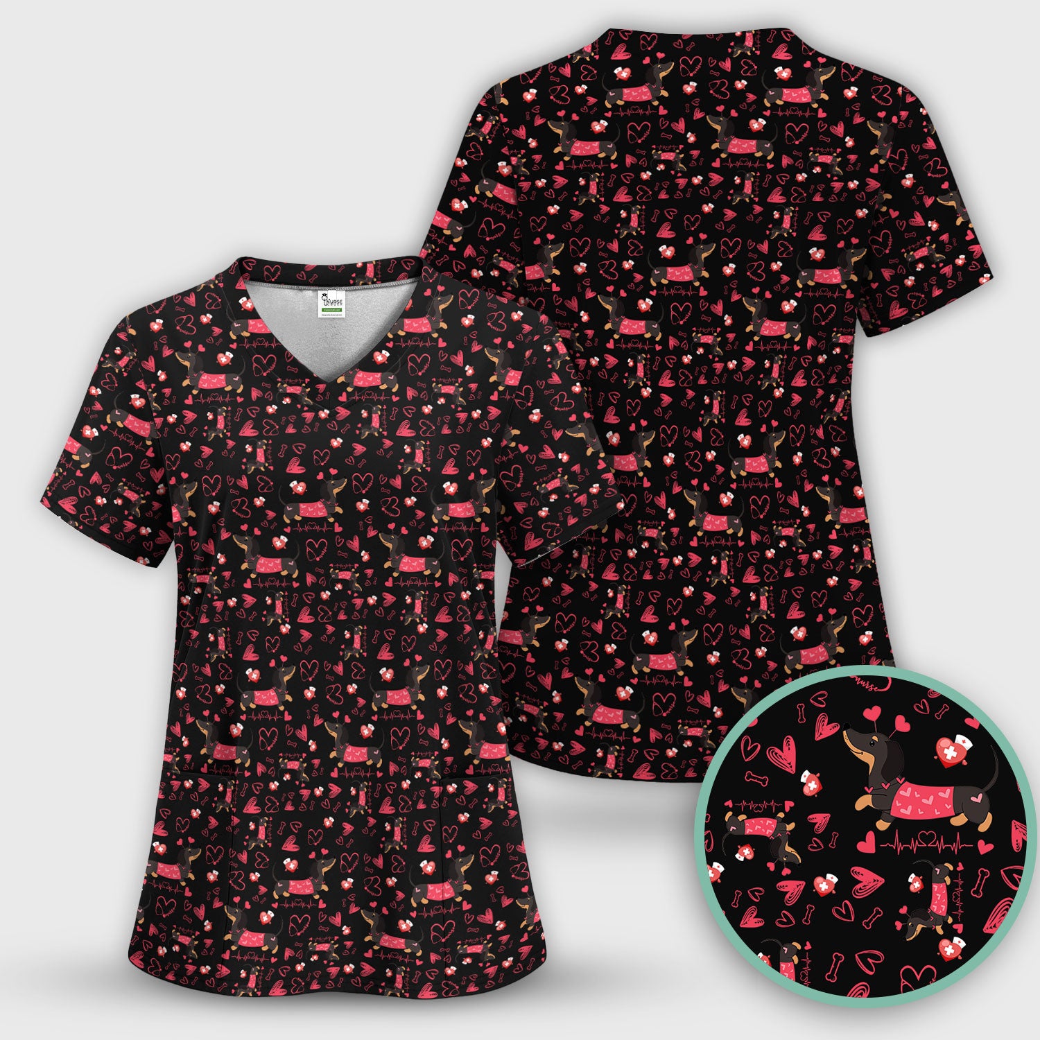 Dachshund Valentine Scrub Top, Cute Wiener Dog Heart Pattern Nurse Shirt, Breathable Fabrics Nursing Uniform