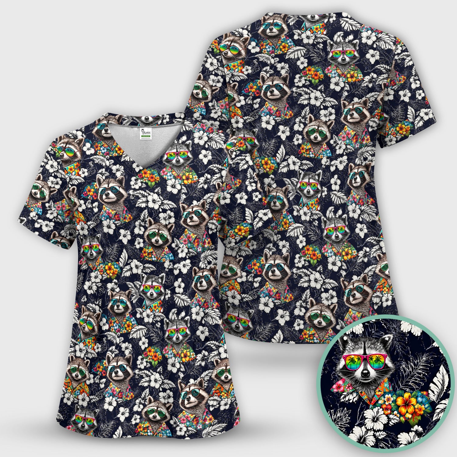 Tropical Raccoon Floral Pattern Scrub Set, Scrub Pants and V Neck Top