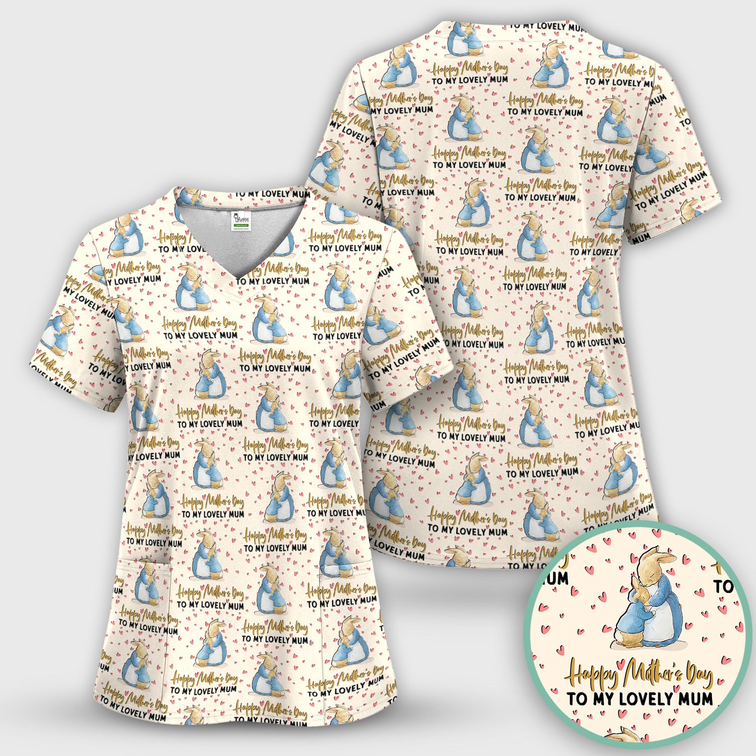 Happy Mothers Day Bunny Love Pattern Scrub Sets, Scrub Pants and V Neck Top