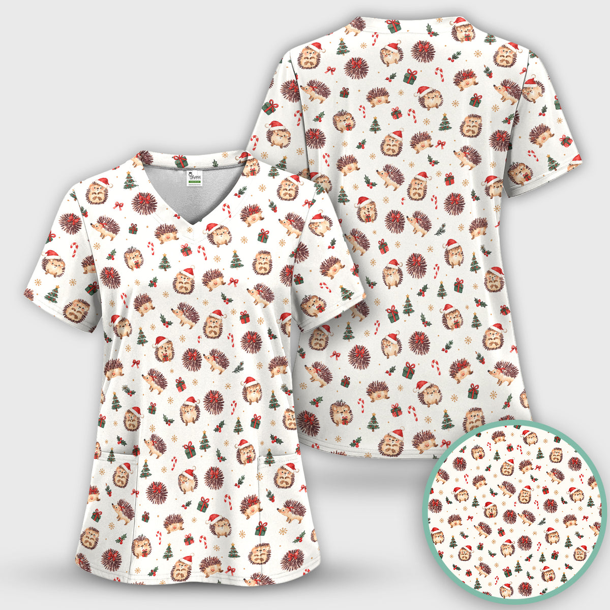 Christmas Hedgehogs And Gifts Scrub Set, Scrub Pants and V Neck Top
