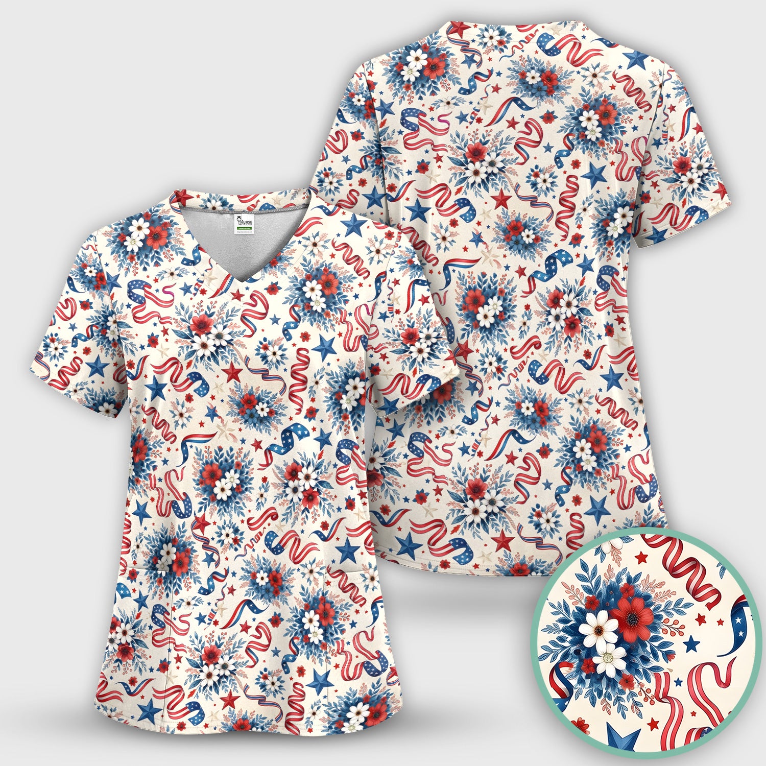 Patriotic Floral Ribbon Nurse for RN & CNA, Americana Healthcare Workers Uniform Scrub Top, Comfortable Scrubs for Nurses