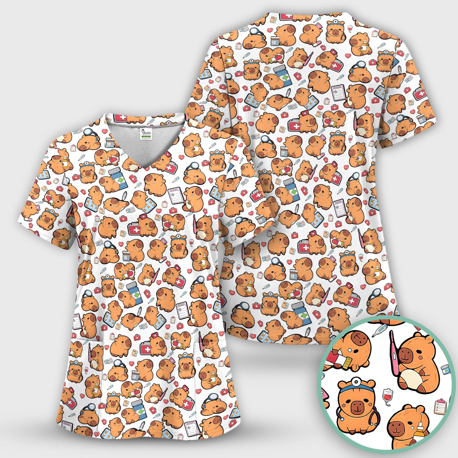 Capybara With Stethoscope And Medical Tools Seamless Scrub Set, Breathable Med Uniform