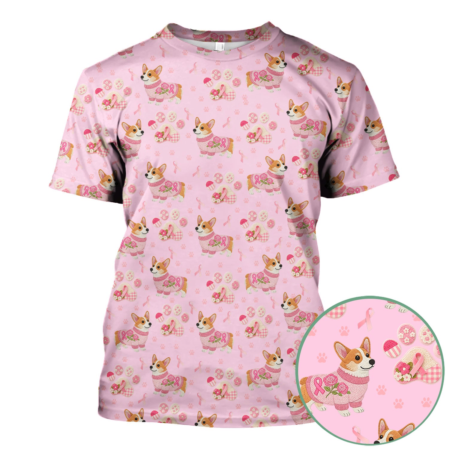 Corgi Pink Ribbon Scrub for Women - Breast Cancer Awareness Shirt - Floral Dog Paw Print Nursing Uniform - Support Gift
