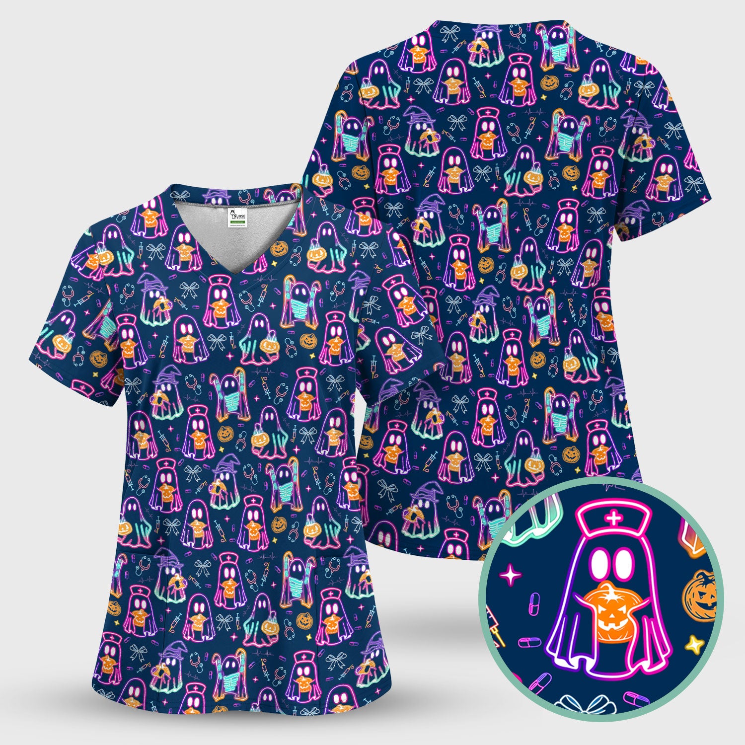 Spooky Neon Ghost Nurse Scrub Top - Halloween Pumpkin Nursing Shirt for Women - Cute Medical Uniform RN CNA LPN Gift