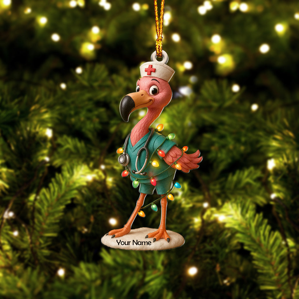 Personalized Nurse Flamingo Ornament, Custom Name Nurse Christmas Decor, Funny Healthcare Worker Holiday Gift, Nursing Xmas Tree Ornament