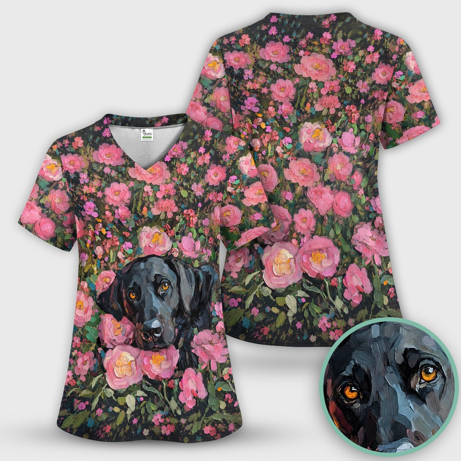 Painterly Floral Black Dog Pattern, Pet Lover Medical Scrub Set, Scrub Pants and V Neck Top