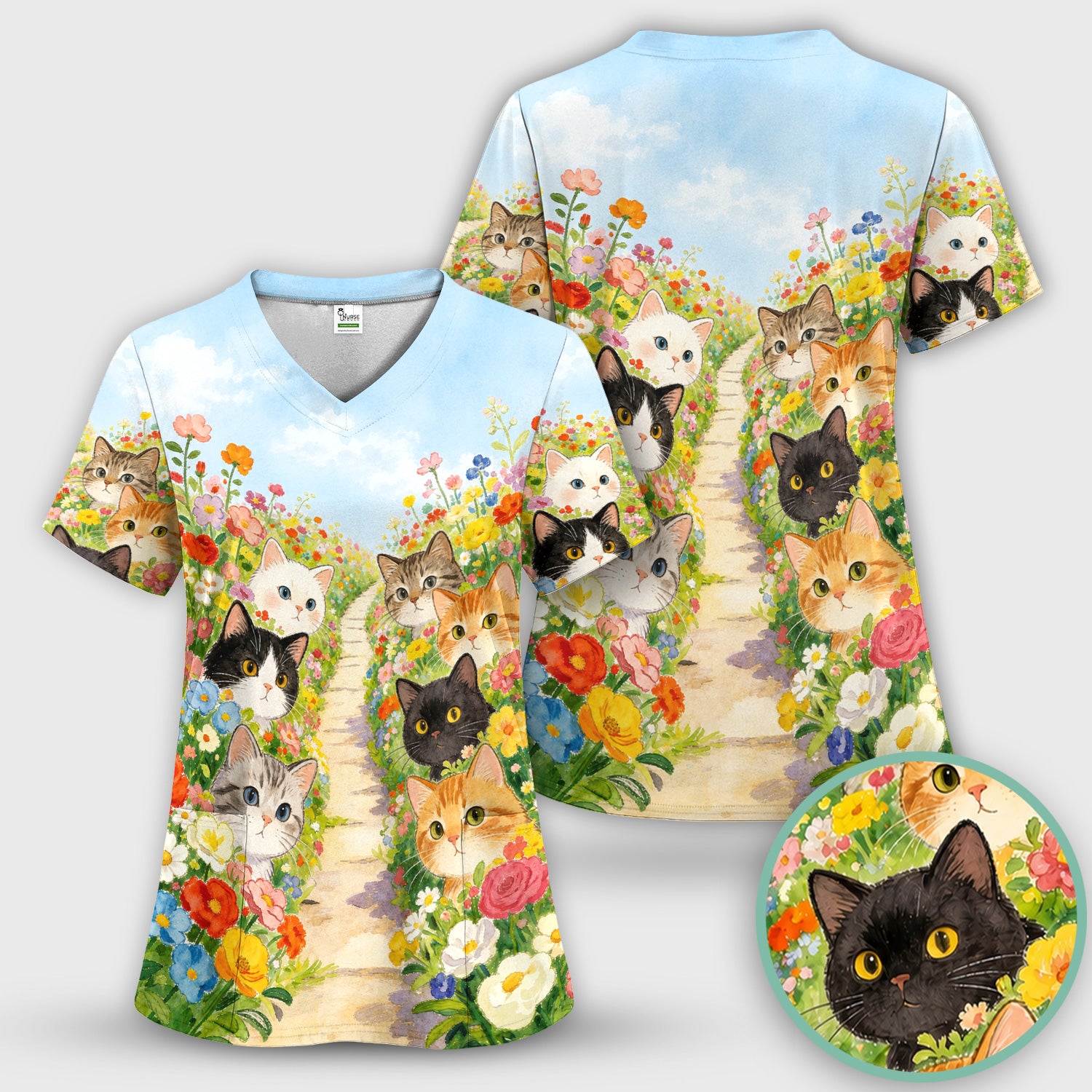 Cute Garden Cats Flower Path Pattern Scrub Top, Comfortable Scrubs for Nurses
