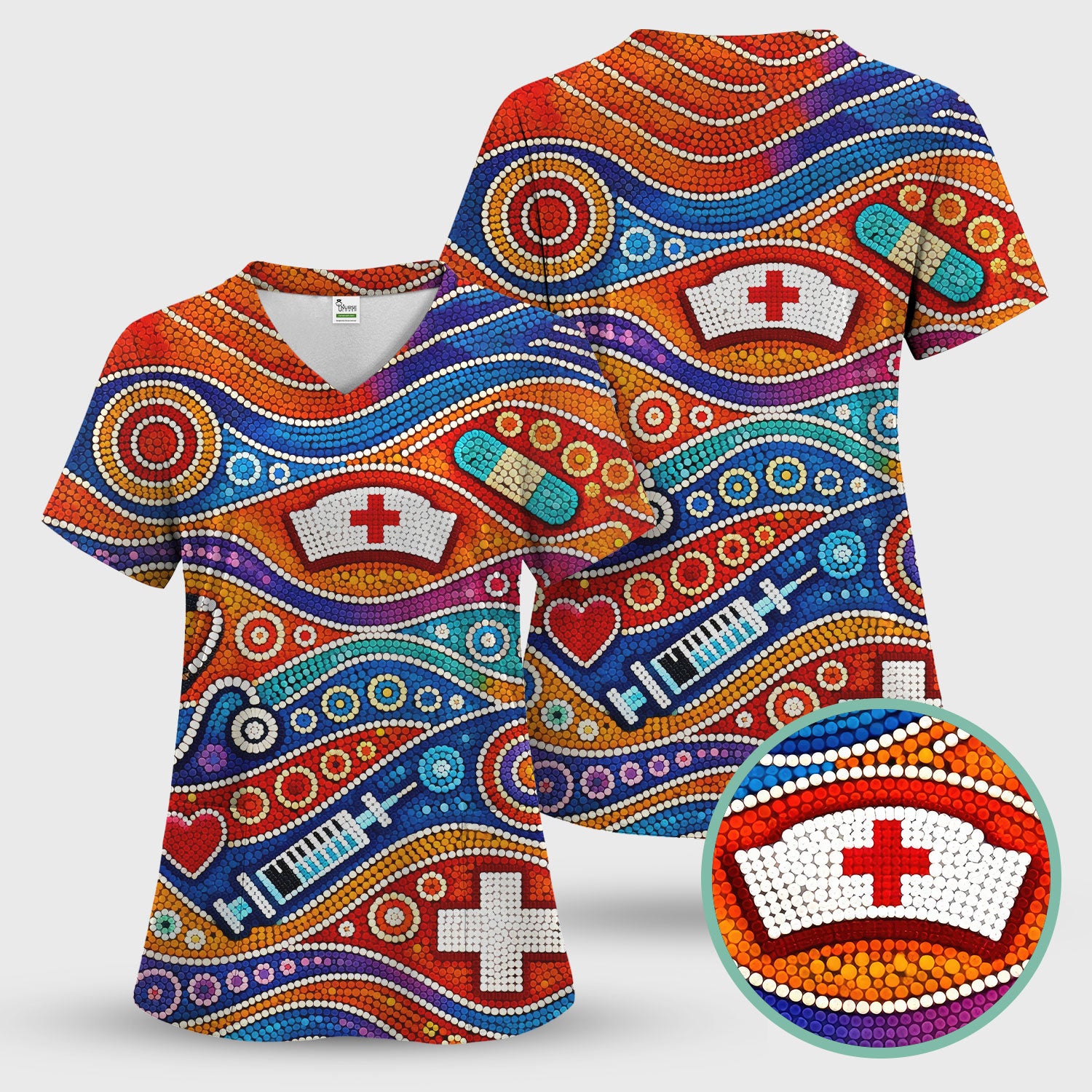 Aboriginal Dot Art Nurse Scrub Set, Artistic Medical Pattern Shirt, Breathable Fabrics Nursing Uniform