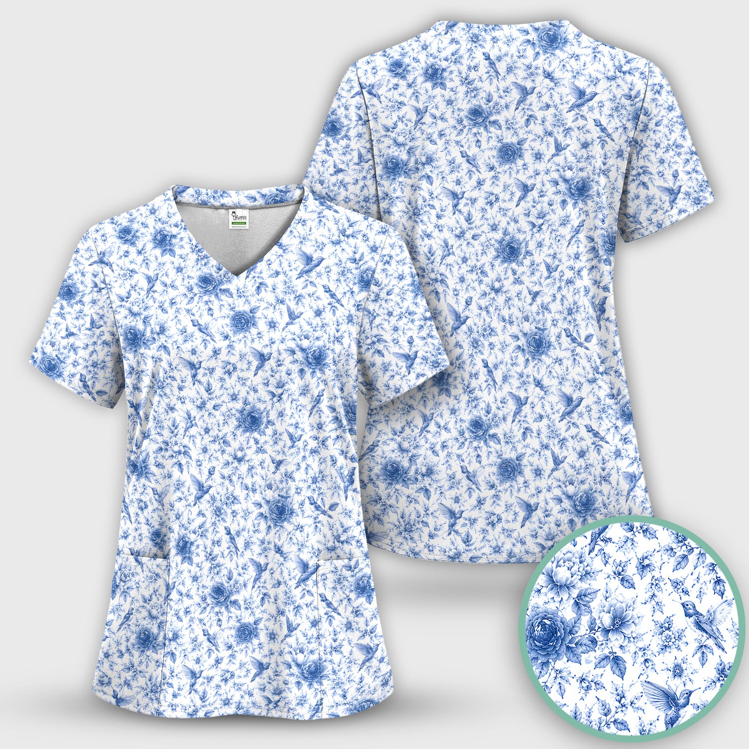 Blue Floral Hummingbird Toile Pattern Scrub Top, Comfortable Scrubs for Nurses