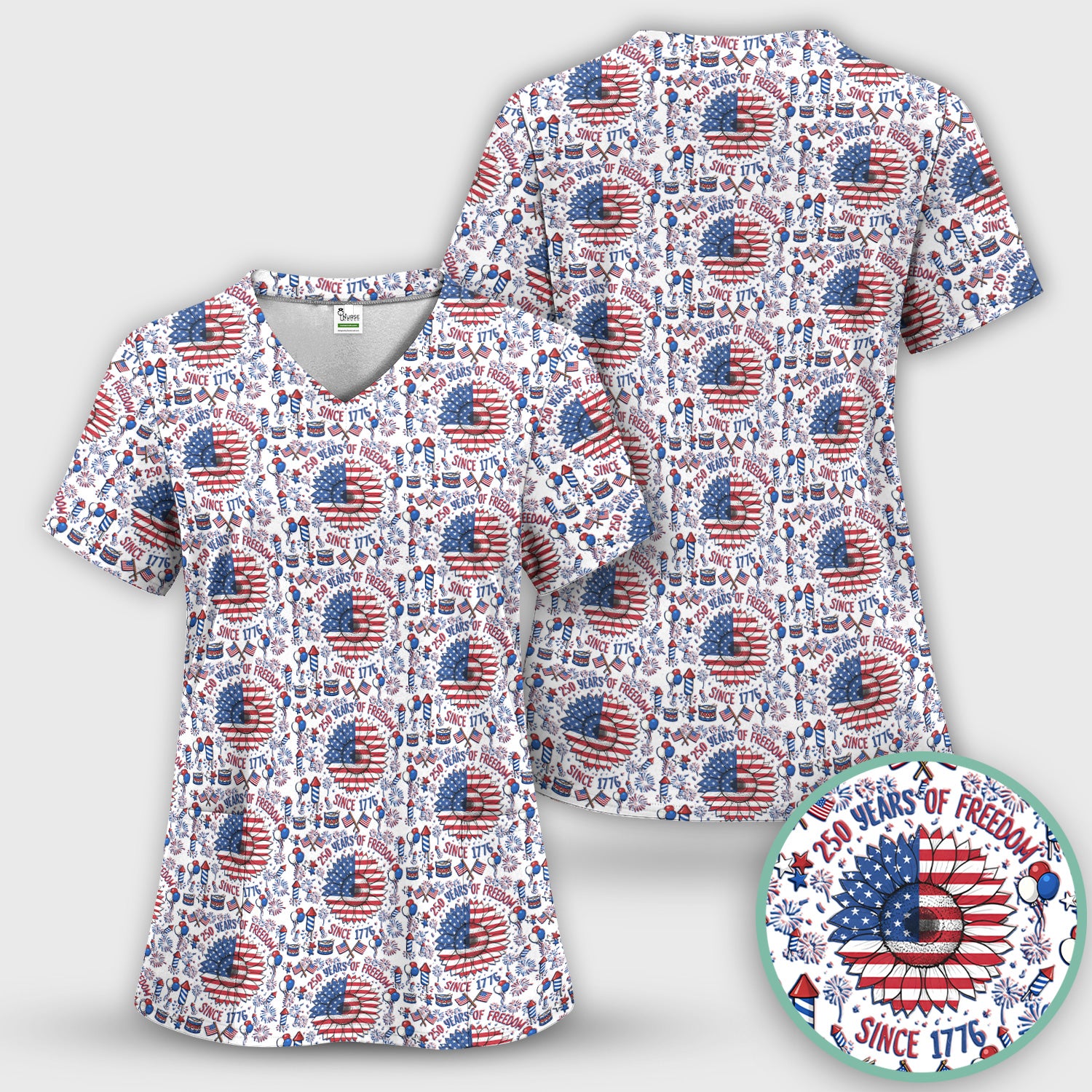 Festive Patriotic Sunflower American Flag Fireworks Pattern Scrub Set, Breathable Med Uniform