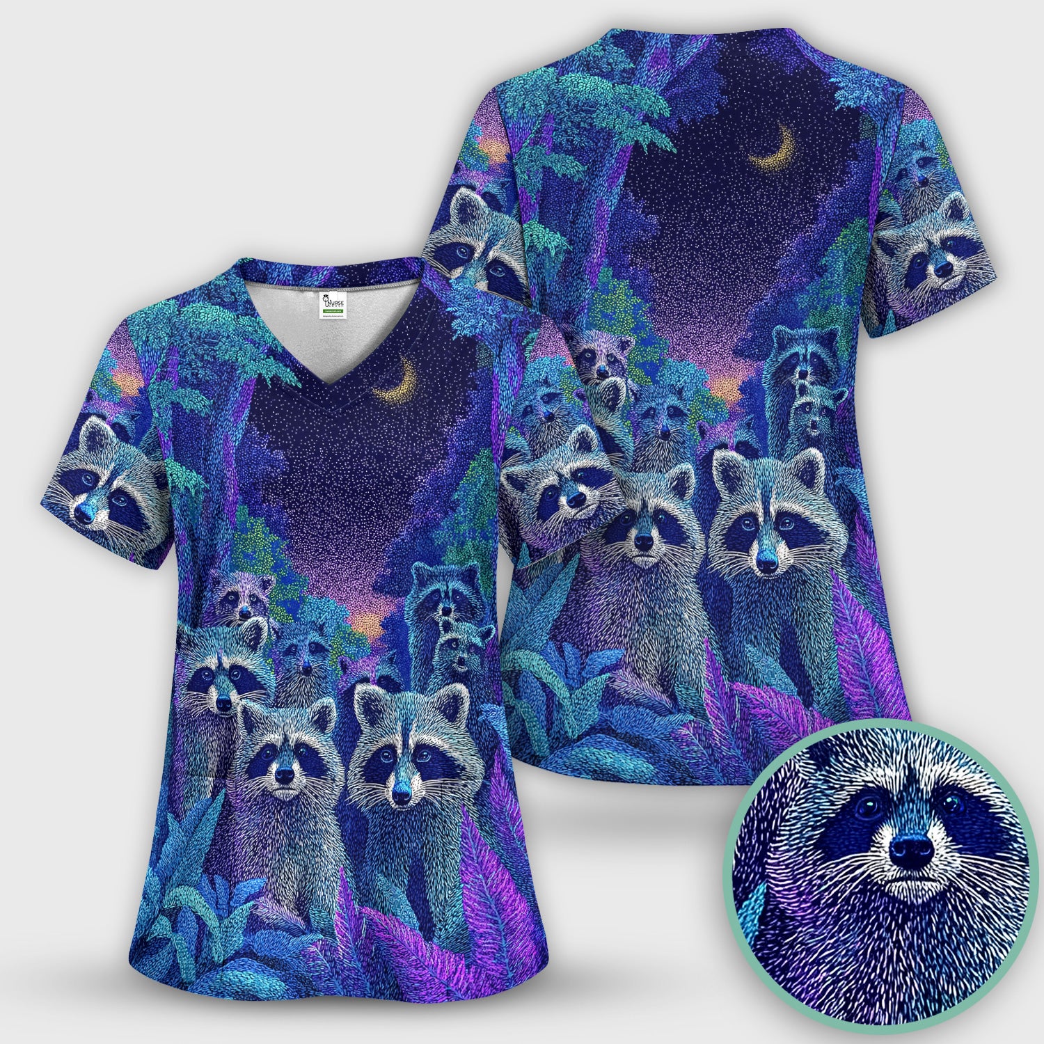 Moonlit Raccoon Pattern Scrub Top, Comfortable Scrubs for Nurses