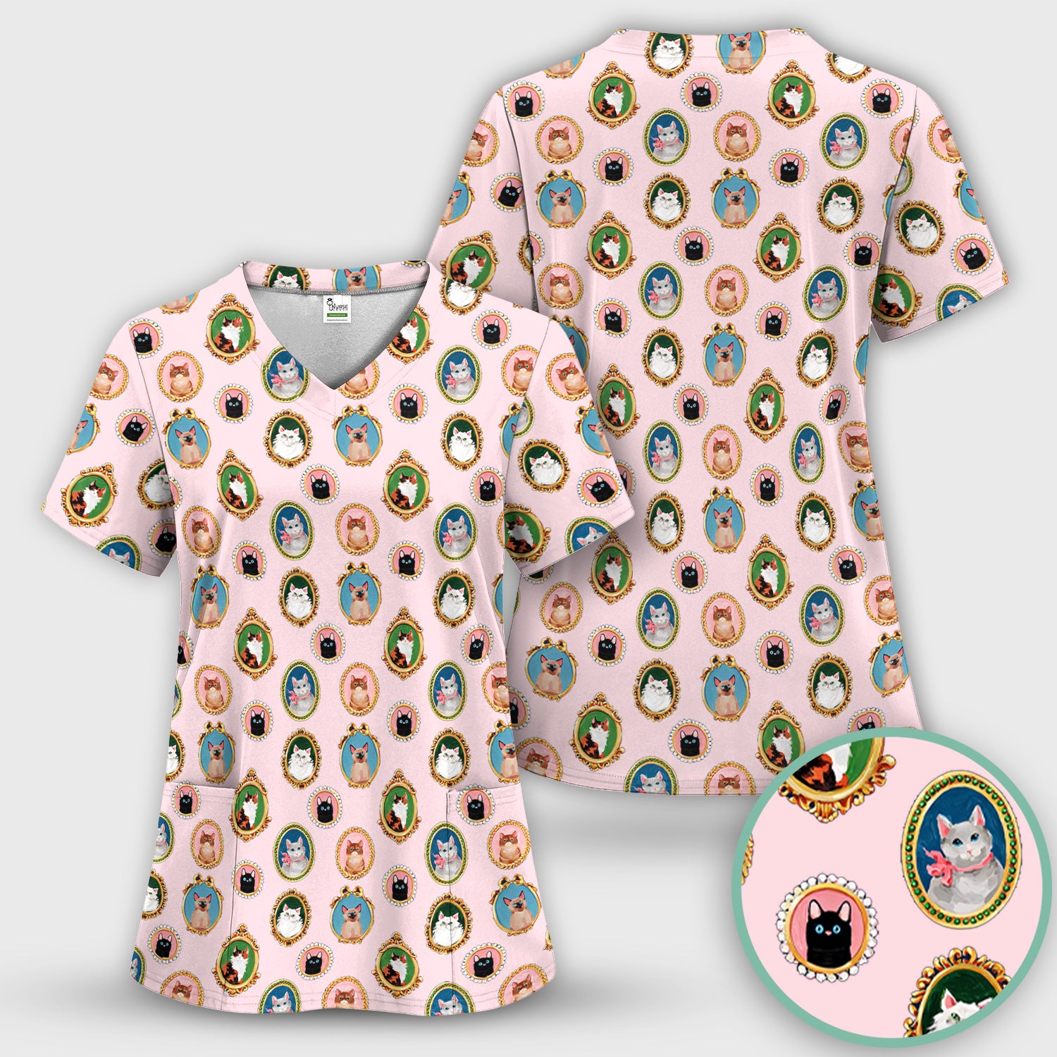 Vintage Cat Portrait Pattern Scrub Top, Breathable Medical Uniform Top
