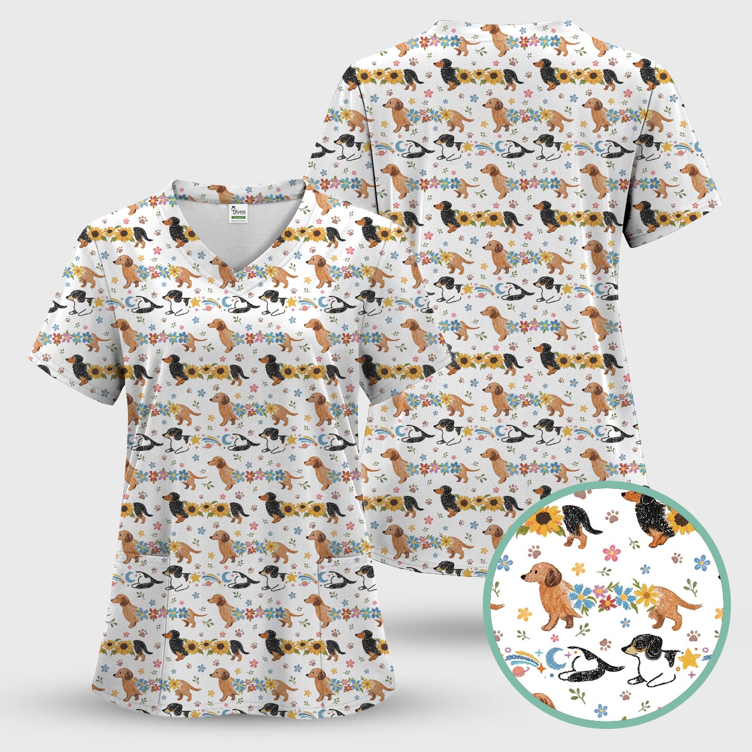 Floral Wiener Dog Pattern Scrub Set, Scrub Pants and V Neck Top