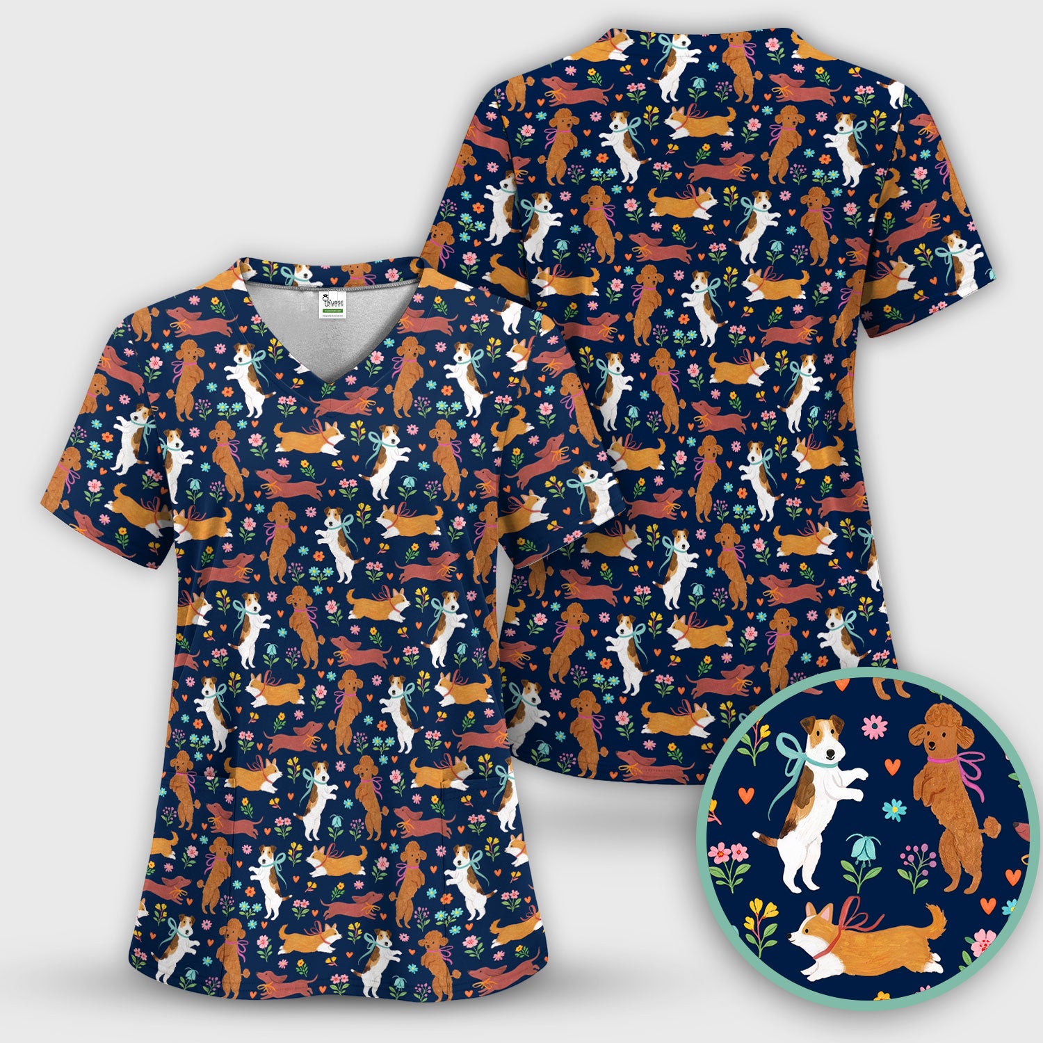 Cute Cartoon Dog Print Nurse Scrub Top, Comfortable Scrubs for Nurses