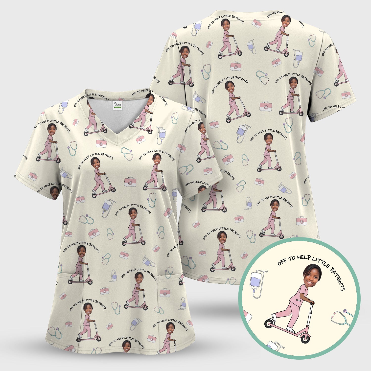 Custom Face Pediatric Nurse Scooter Pattern Scrub Set, Scrub Pants and V Neck Top