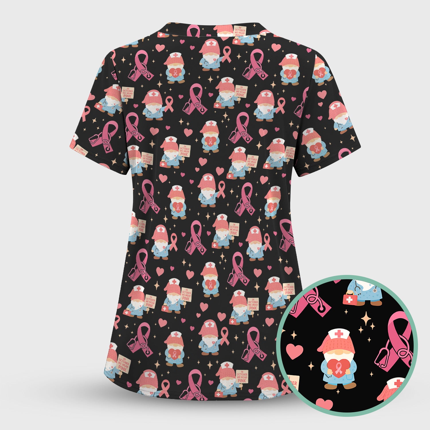 Breast Cancer Awareness Nurse Scrub - Pink Ribbon Nursing Top with Gnome - Gift for Healthcare Workers RN LPN