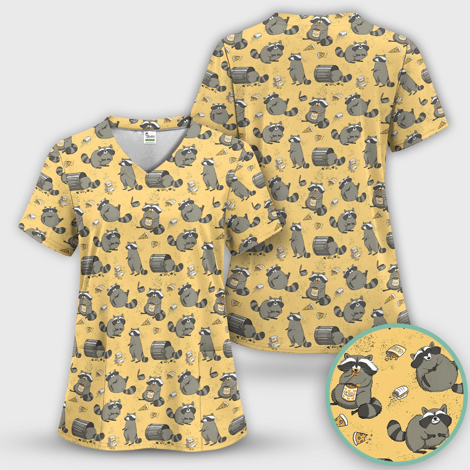 Raccoon Snack And Trash Can Pattern Scrub Set, Breathable Med Uniform