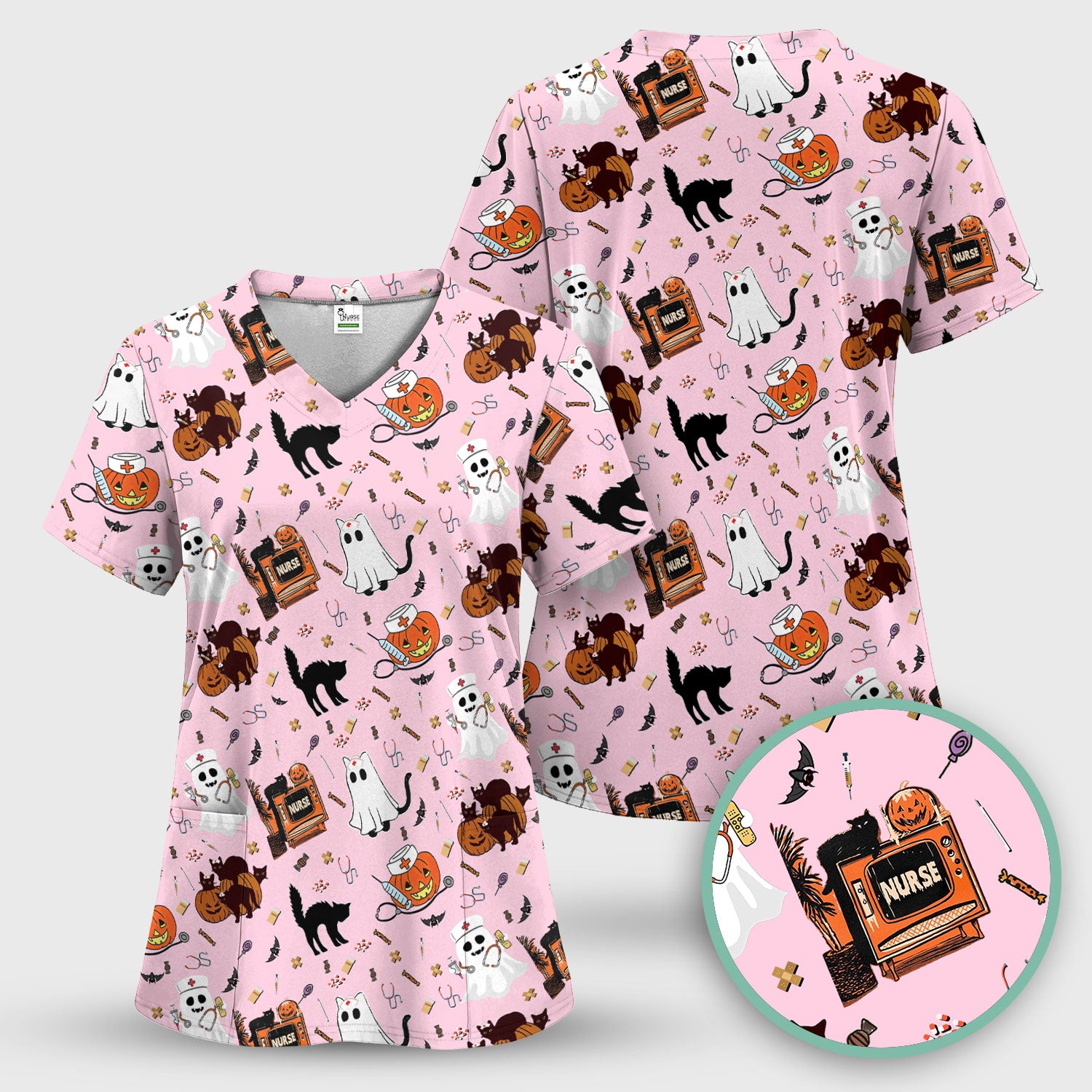 Halloween Scrub Top for Nurse - Cute Pumpkin Ghost Cat Medical Shirt - Spooky Scrubs for Women RN CNA LPN