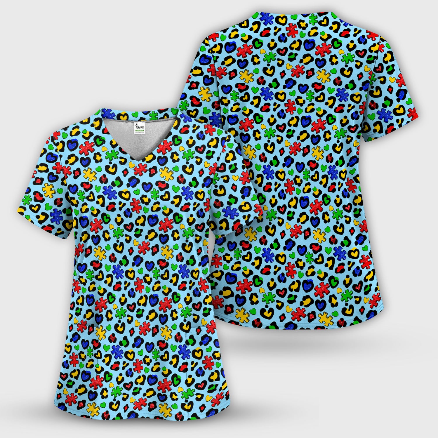 Puzzle Heart Awareness Print Scrub Top, Soft & Comfortable Scrubs for Nurses
