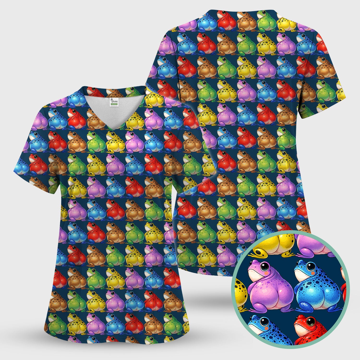 Funny Colorful Frogs Pattern Scrubs Sets, Scrub Pants and V Neck Top