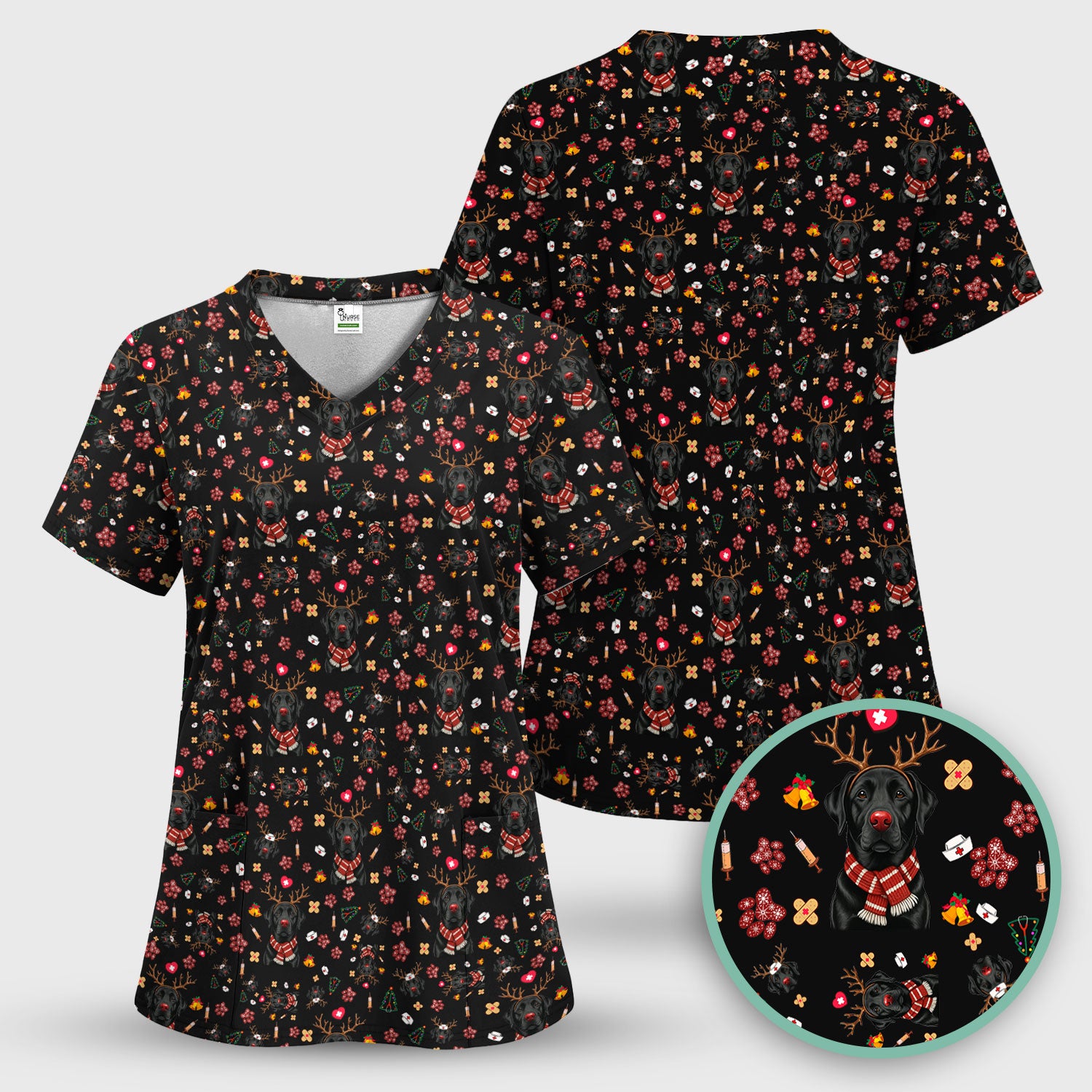 Funny Black Lab Reindeer Scrub Top - Christmas Dog Nurse Shirt - Cute Holiday Medical Uniform Gift for RN LPN CNA