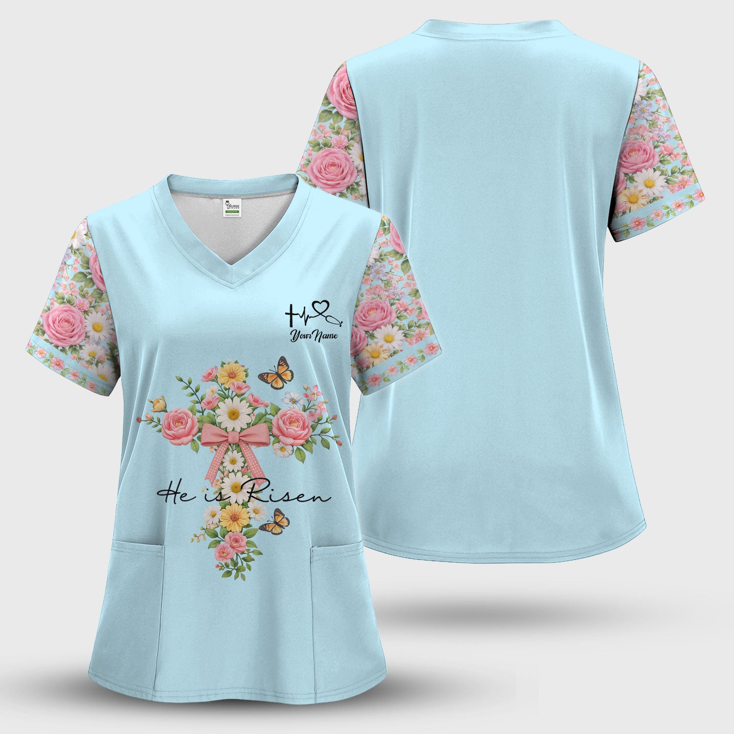 Personalized Meaningful Easter Nurse He Is Risen Floral Cross Bow Pattern Scrub Top, Comfortable Scrubs for Nurses
