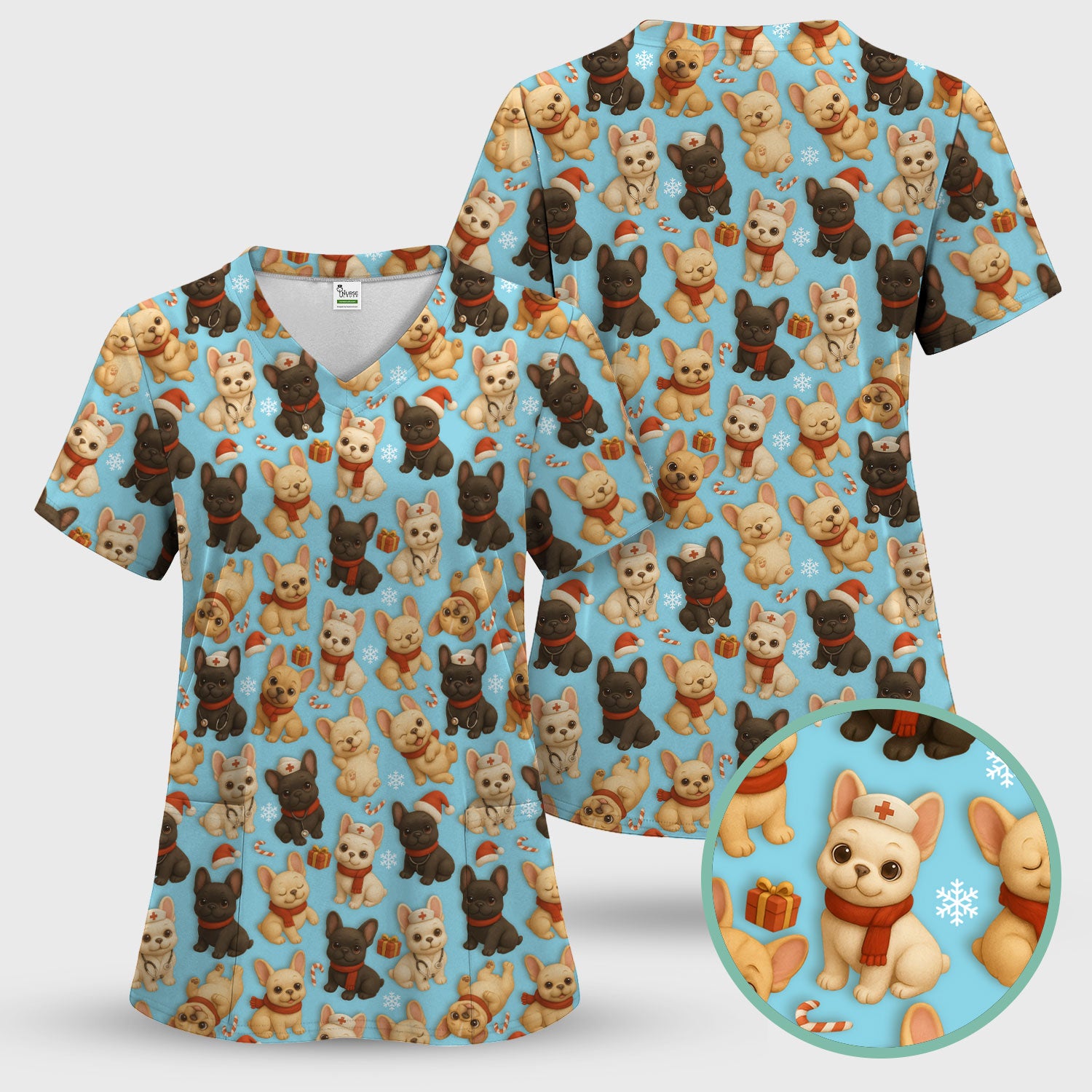 French Bulldog Scrubs Christmas Nurse Set - Cute Holiday Dogs with Candy Canes, Snowflakes & Gifts - Fun Festive Christmas Scrubs for Women