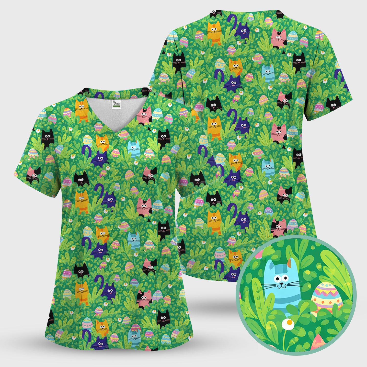 Colorful Easter Cats Green Leaves Print Scrub Top, Comfortable Scrubs for Nurses