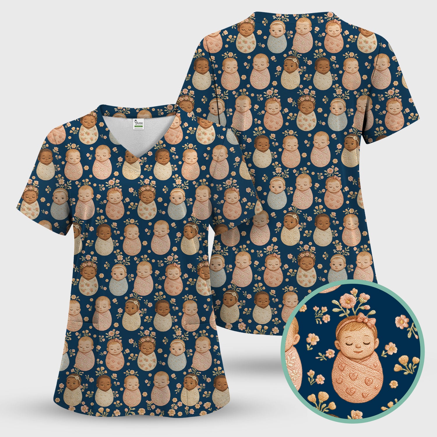 Sweet Newborn Baby Floral Print Nurse Scrub Top, Comfortable Scrubs for Nurses