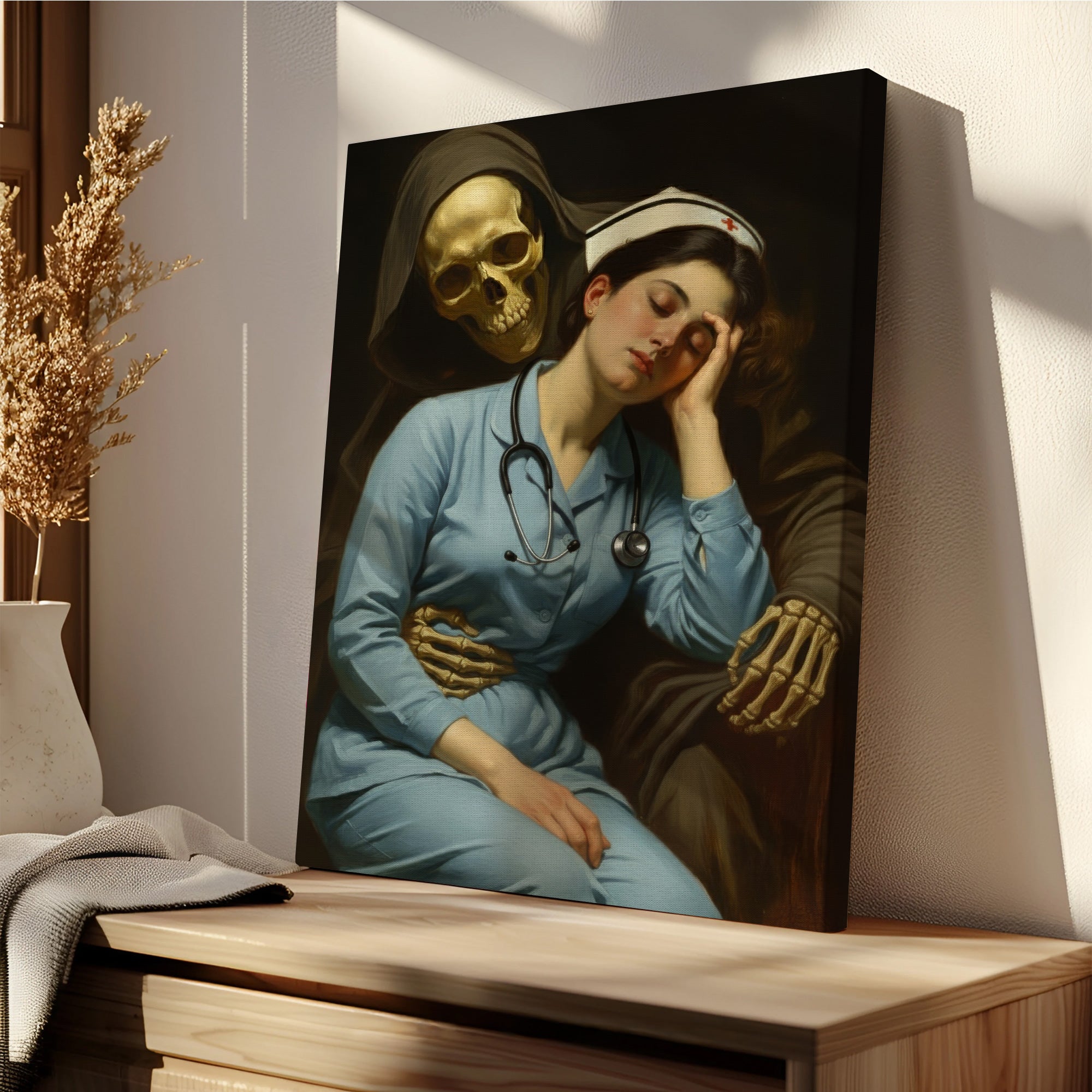 Funny Gothic Nurse and Grim Reaper Canvas, Dark Humor Classic Art Style Wall Decor, RN LPN CNA Gift