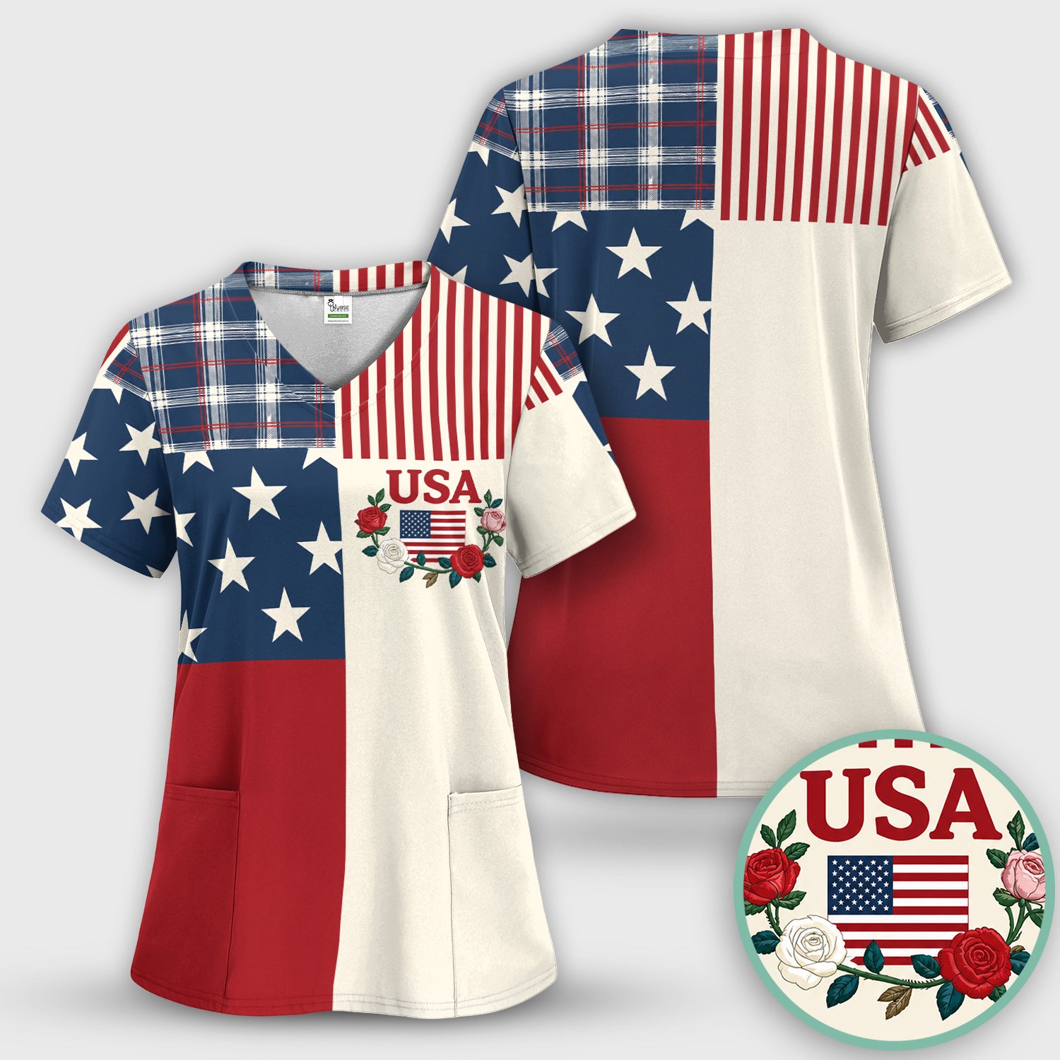 USA Flag Rose Patchwork Pattern Scrub Set, Scrub Pants and V Neck Top