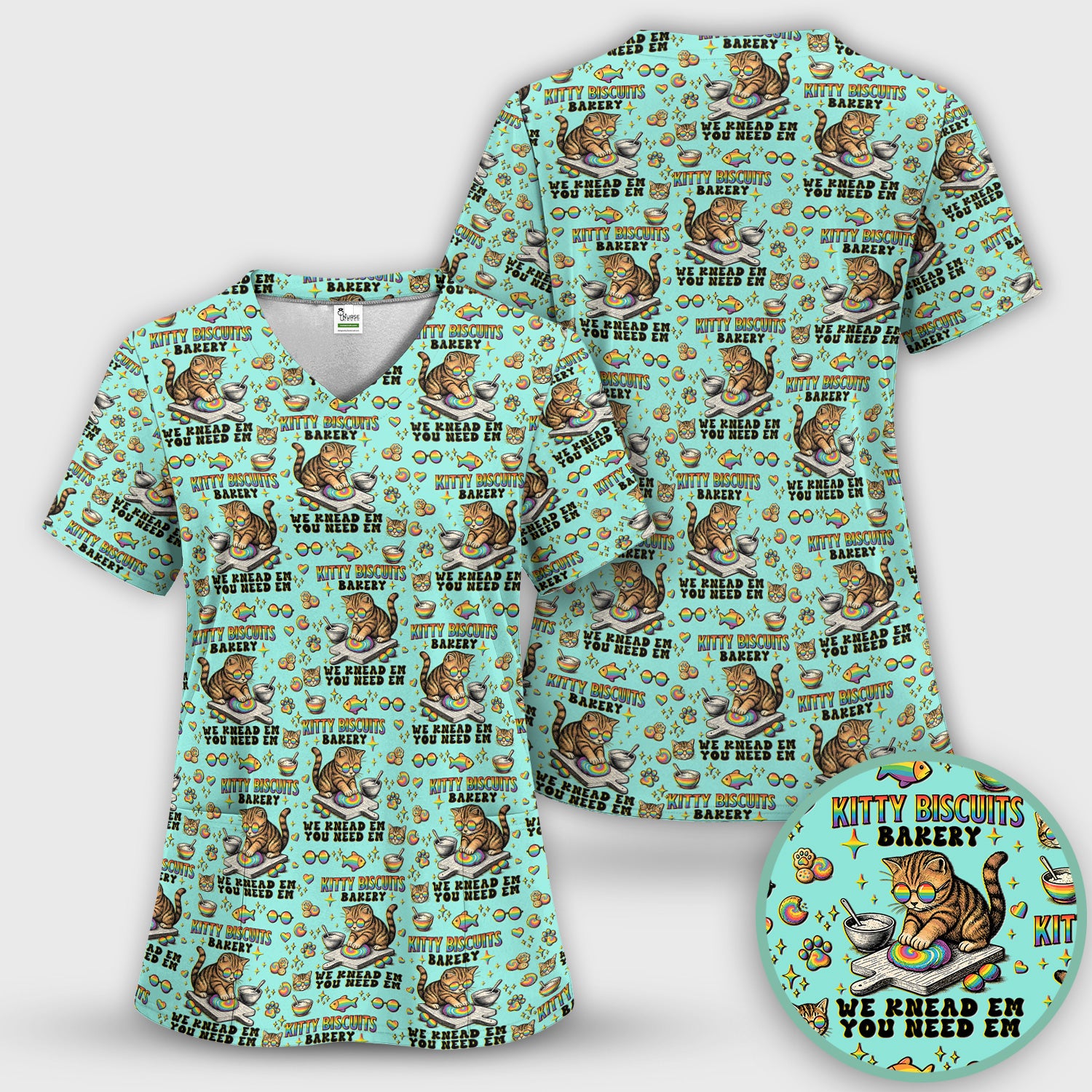 Pride Nurse Cat Baking Rainbow Dough Pattern Scrub Top, Breathable Fabrics Nursing Uniform