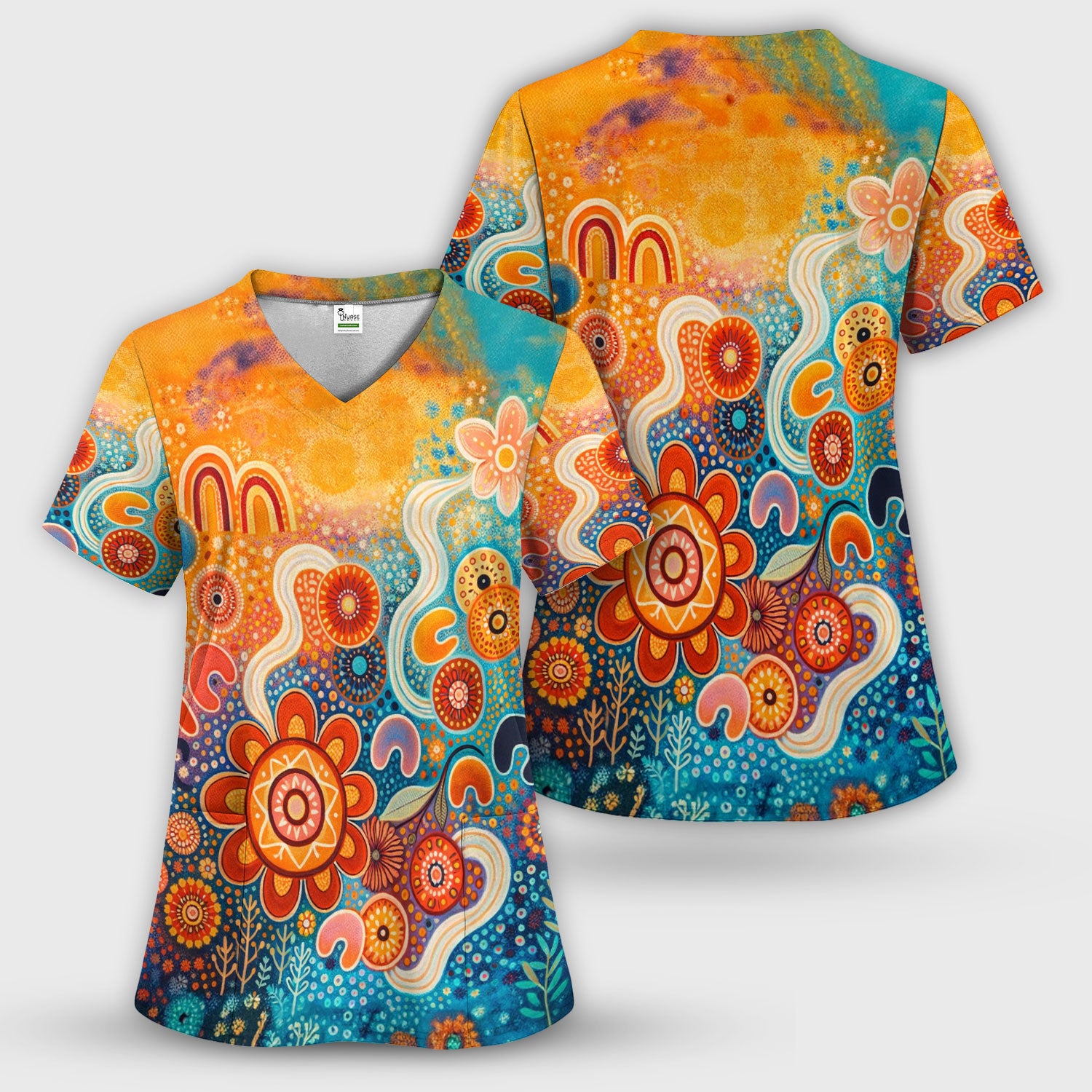 Australian Dot Art Inspired Scrub Top, Artistic Boho Pattern Nurse Shirt, Comfortable Scrubs For Nursing