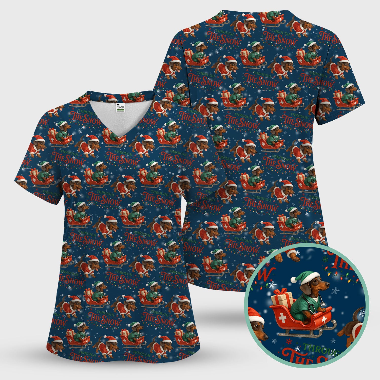 Dachshund Christmas Scrub Top, Cute Dog Nurse Scrub Shirt, Through The Snow Pattern Nursing Uniform