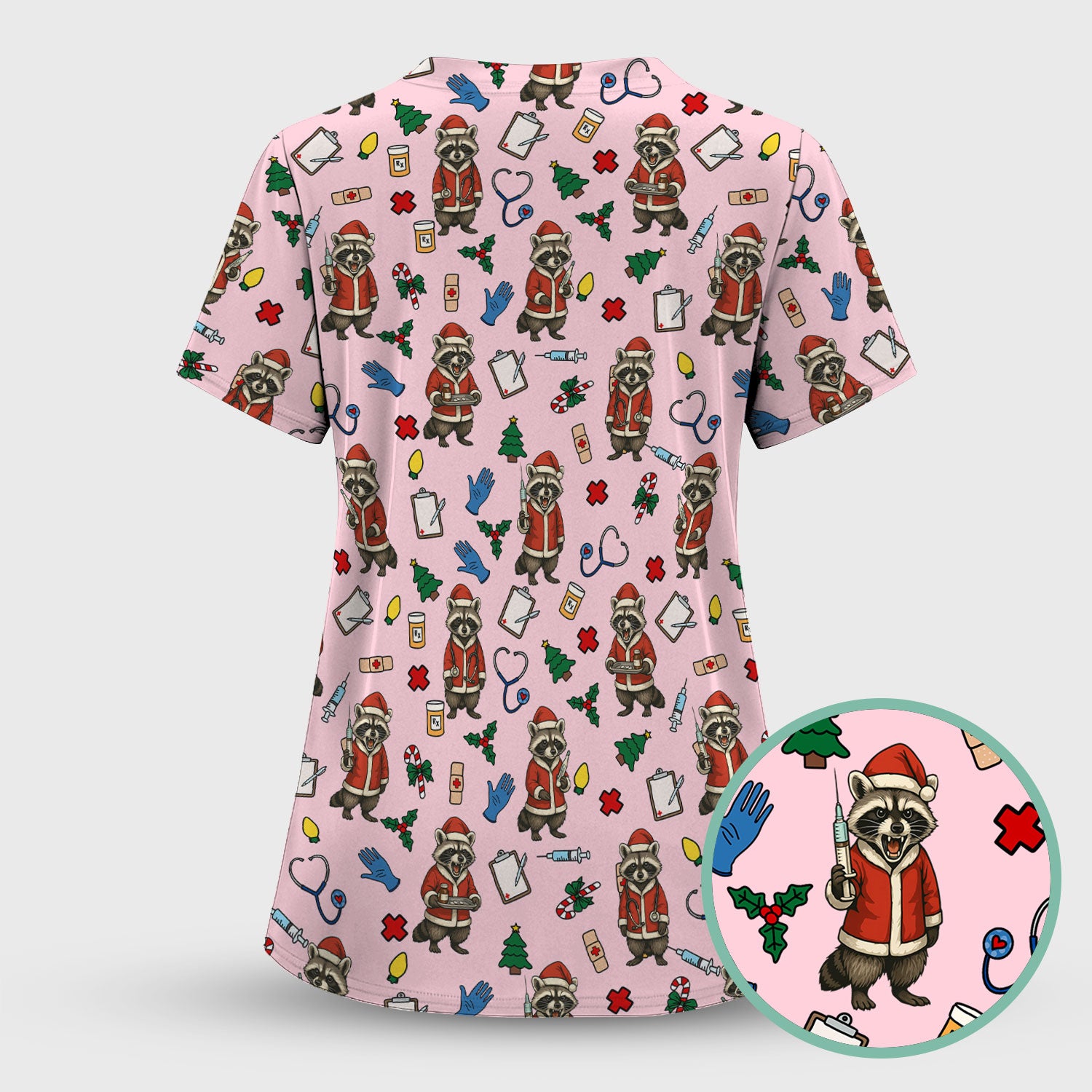 Christmas Raccoon Pattern Nurse Scrub Set - Funny Santa Medical Print Top and Pants - Holiday Gift for RN LPN CNA Women