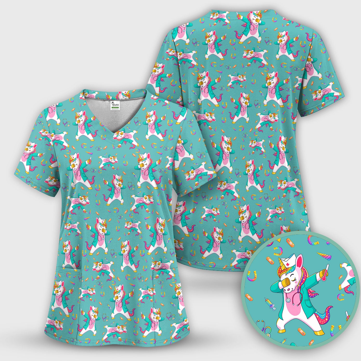 Cute Unicorn Nurse Dance Pattern Scrub Top, Breathable Fabrics Nursing Uniform