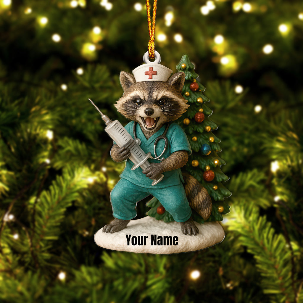 Personalized Nurse Raccoon Christmas Ornament, Custom Name Medical Holiday Decor, Funny Healthcare Worker Xmas Gift
