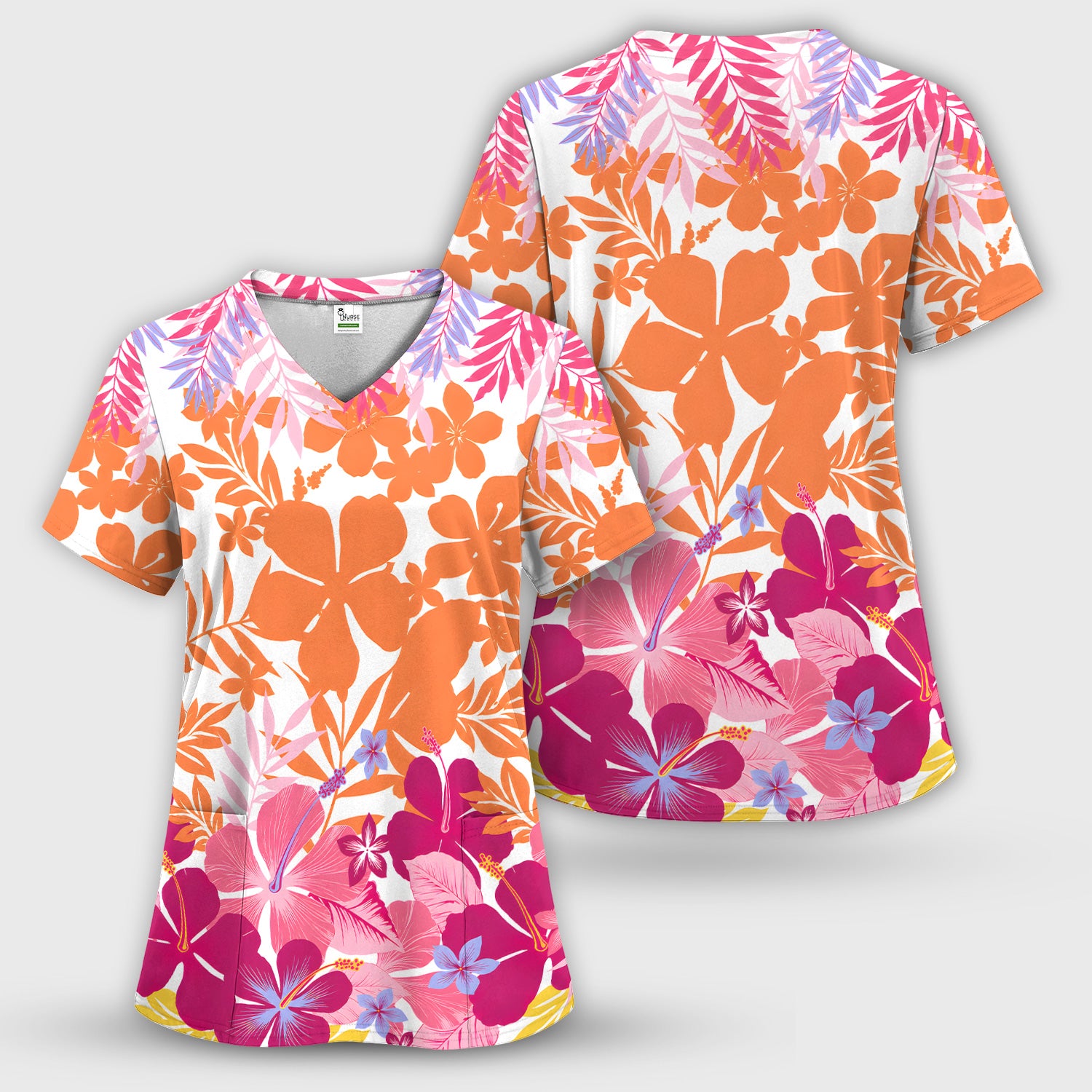 Cheerful Tropical Hibiscus Bloom Pattern Scrub Set, Scrub Pants and V Neck Top