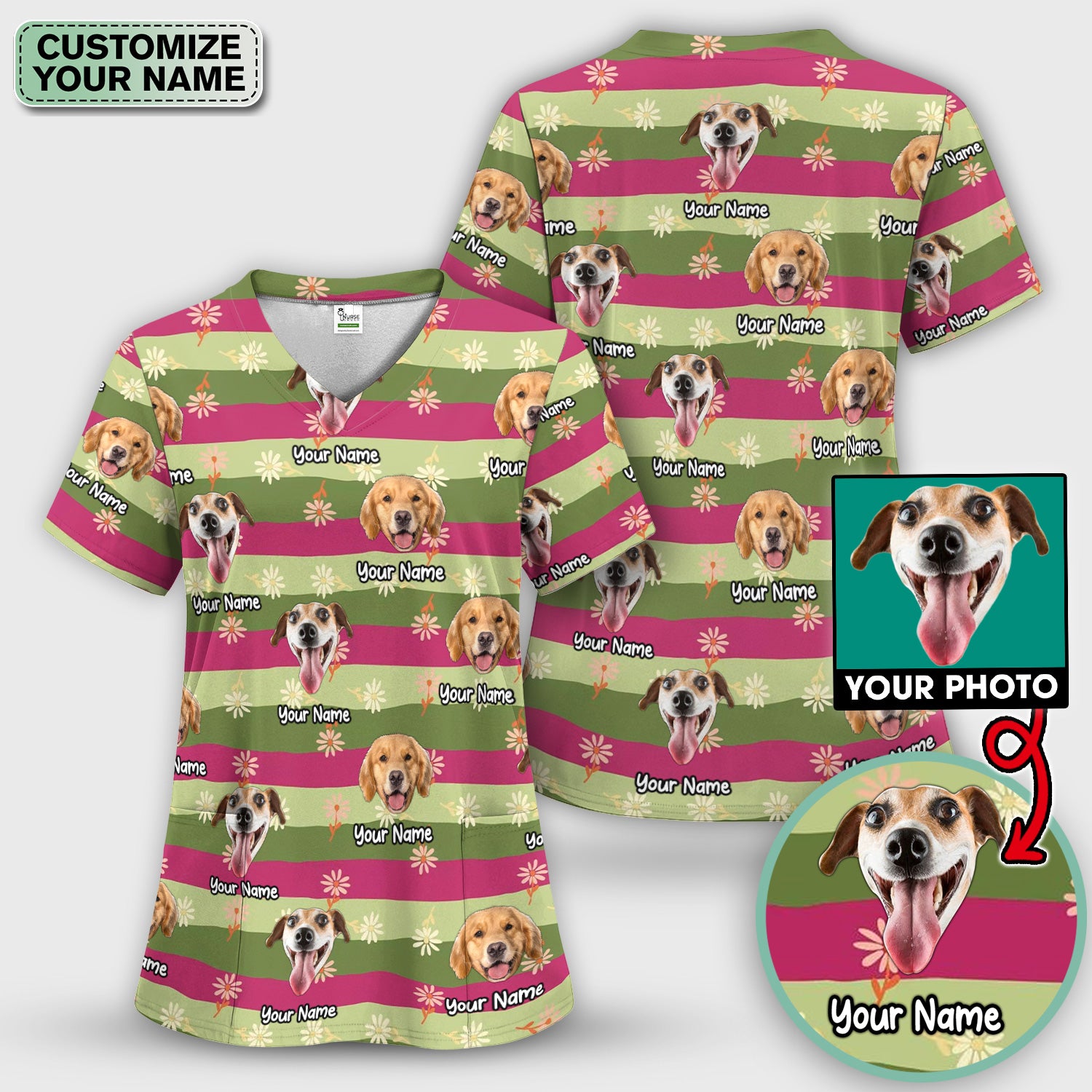 Personalized Floral Dog Portrait With Spring Stripes Pattern Scrub Top, Comfortable Scrubs for Nurses