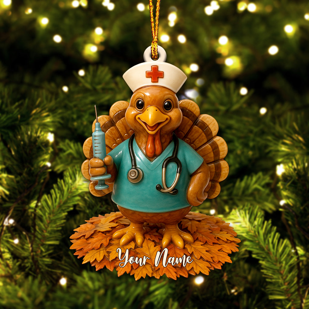 Personalized Nurse Turkey Christmas Ornament – Custom Name Funny Healthcare Decor, Cute Medical Scrub Gift for Nurses & Thanksgiving Humor