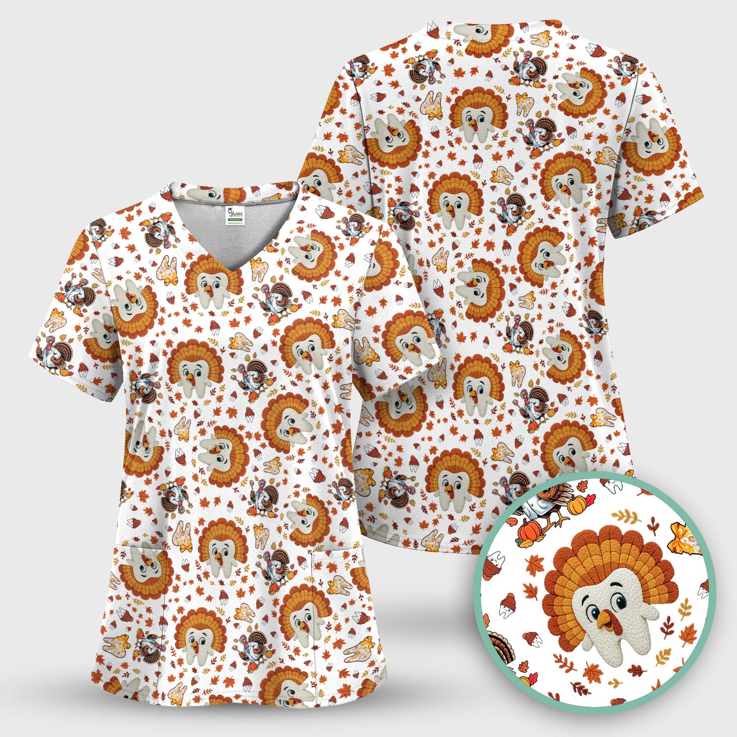Funny Thanksgiving Tooth Scrub Top - Cute Turkey Dental Nurse Shirt - Fall Medical Uniform for Hygienists & Nurses