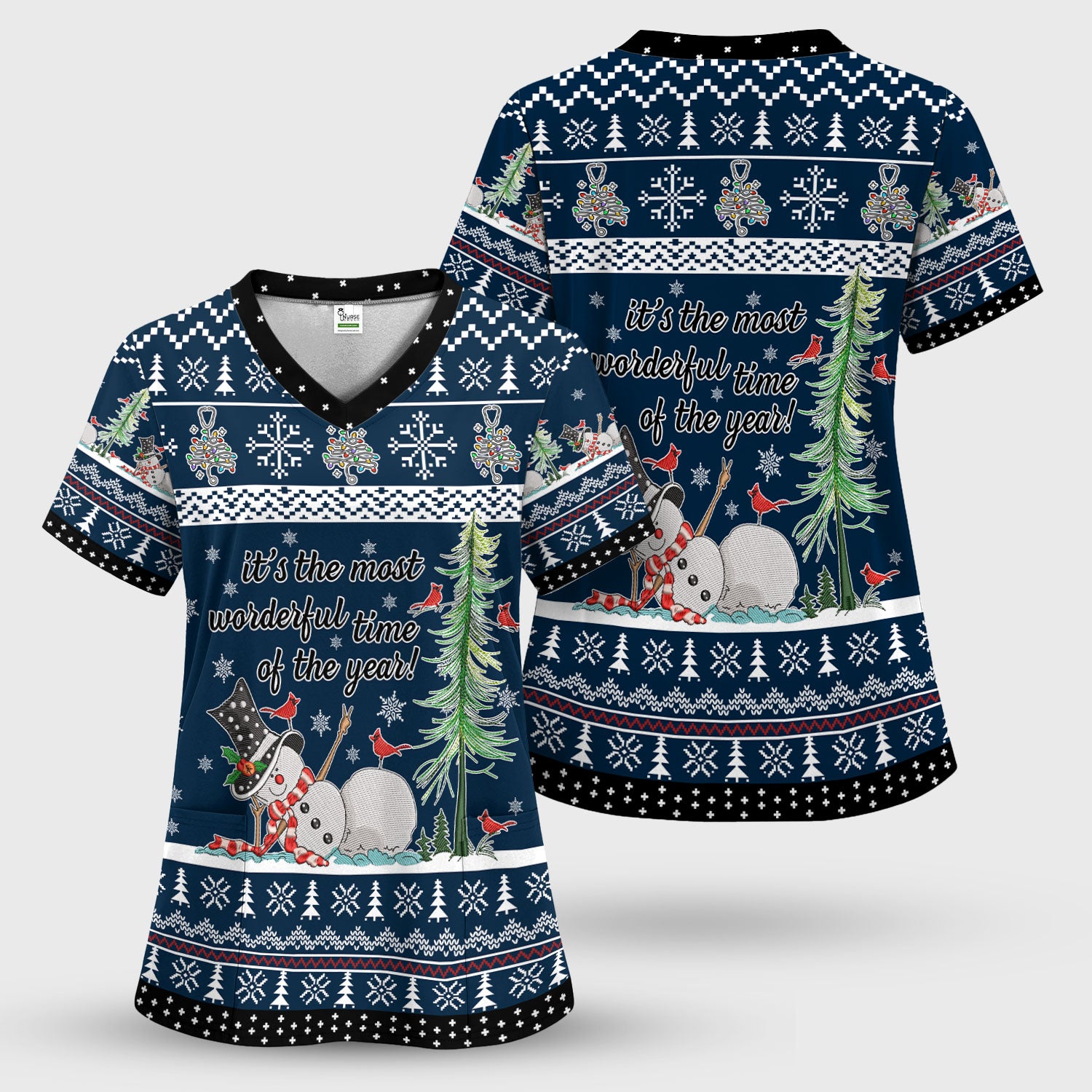 Snowman Christmas Scrub Top, Funny Holiday Nurse Shirt, It's The Most Wonderful Time Of The Year Uniform FOr Nursing